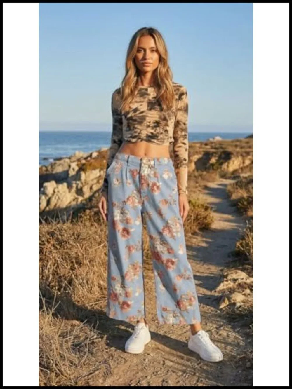 Mid Rise Cropped Wide Leg Floral Jeans Denim Palazzo Pants - Picture 5 of 6